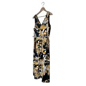 H&M Black & Gold Tropical Print Summery Midi Dress, Size 6